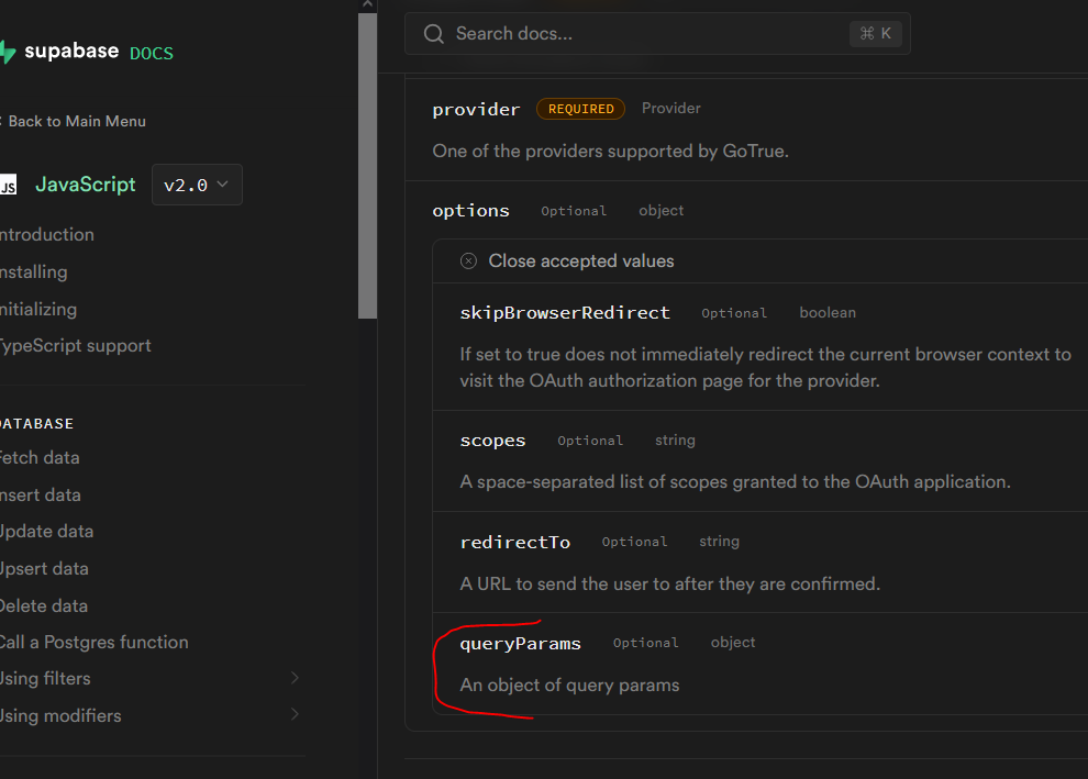 Oauth github custom query paramaters - Supabase