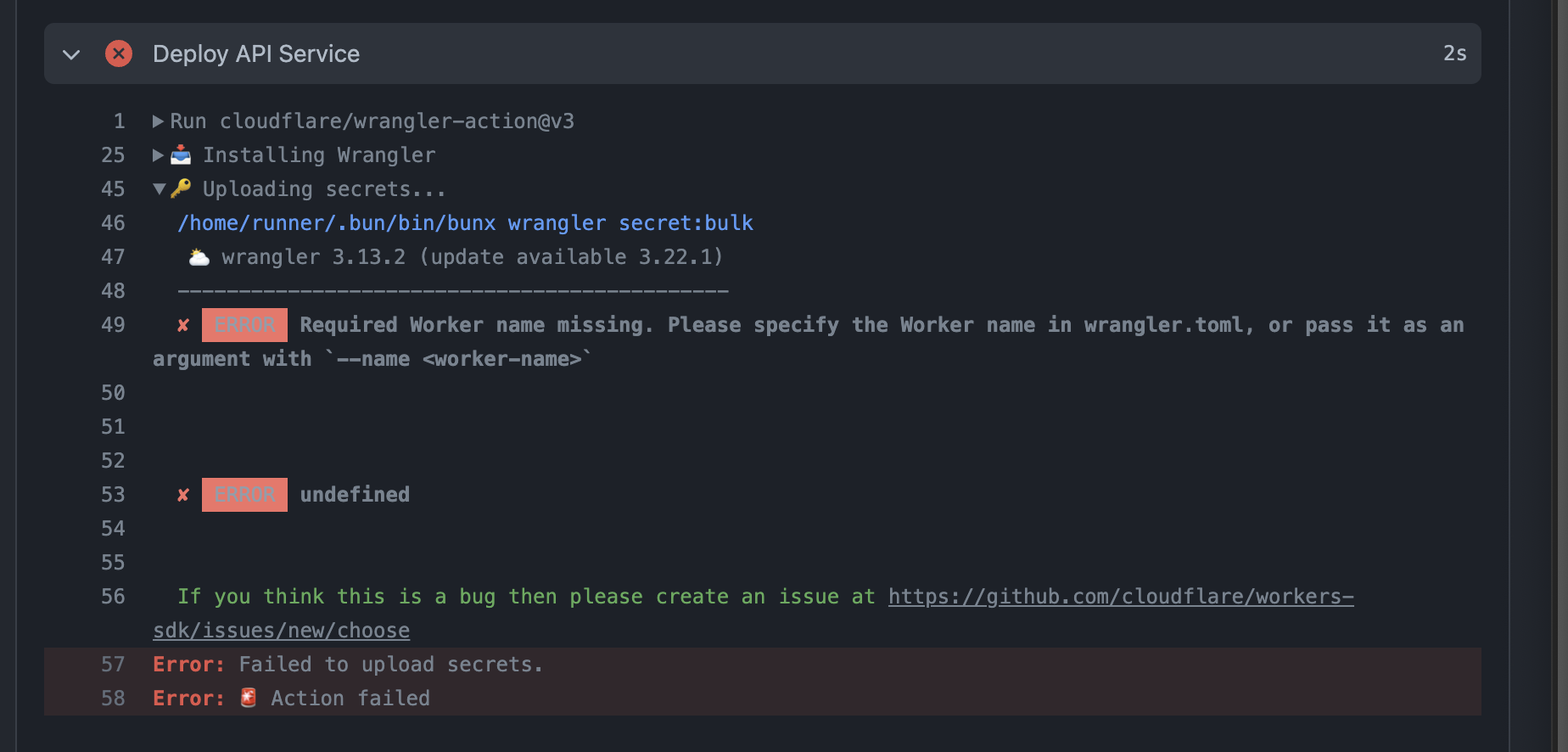 Wrangler action error error failed to upload secrets what does this