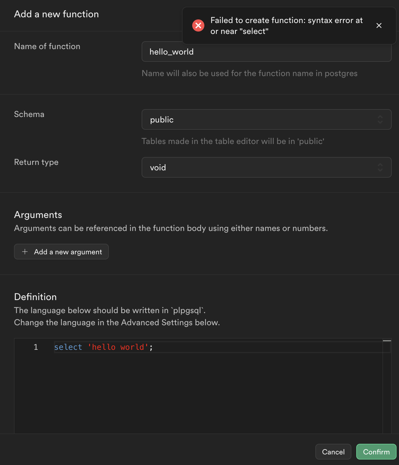 Failing to create function - Supabase
