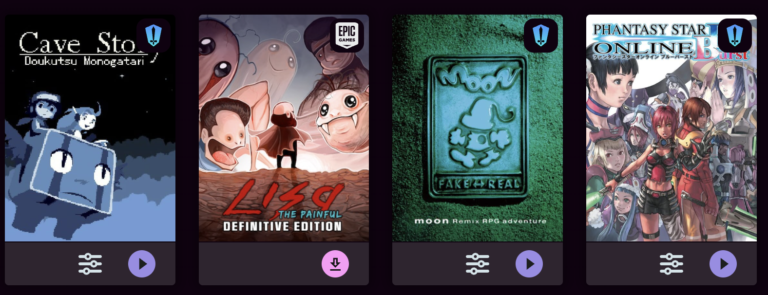 A sample of games in my launcher as it currently looks. Three of the four games have the basic Heroic icon in the corner.