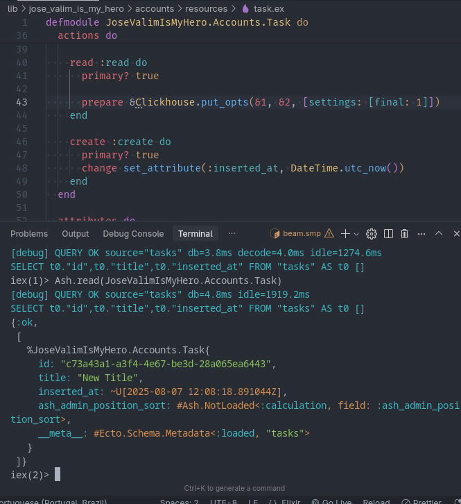 Fetching data from the "tasks" table in Clickhouse, this time passing the `settings final=1` options. The query returned the latest versions of the data.