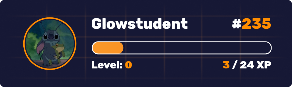 Glowstudent is level 0 and has 3 XP. They need an additional 24 XP to reach the next level. They are #235 on the leaderboard.