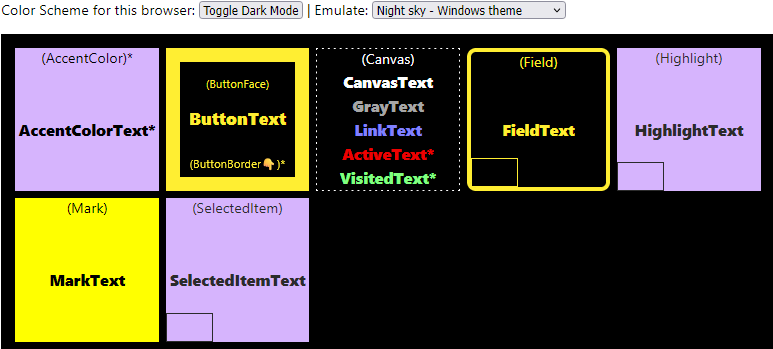 Screenshot of 7 boxes each with different labels, as they appear in a tool for for previewing system-colors