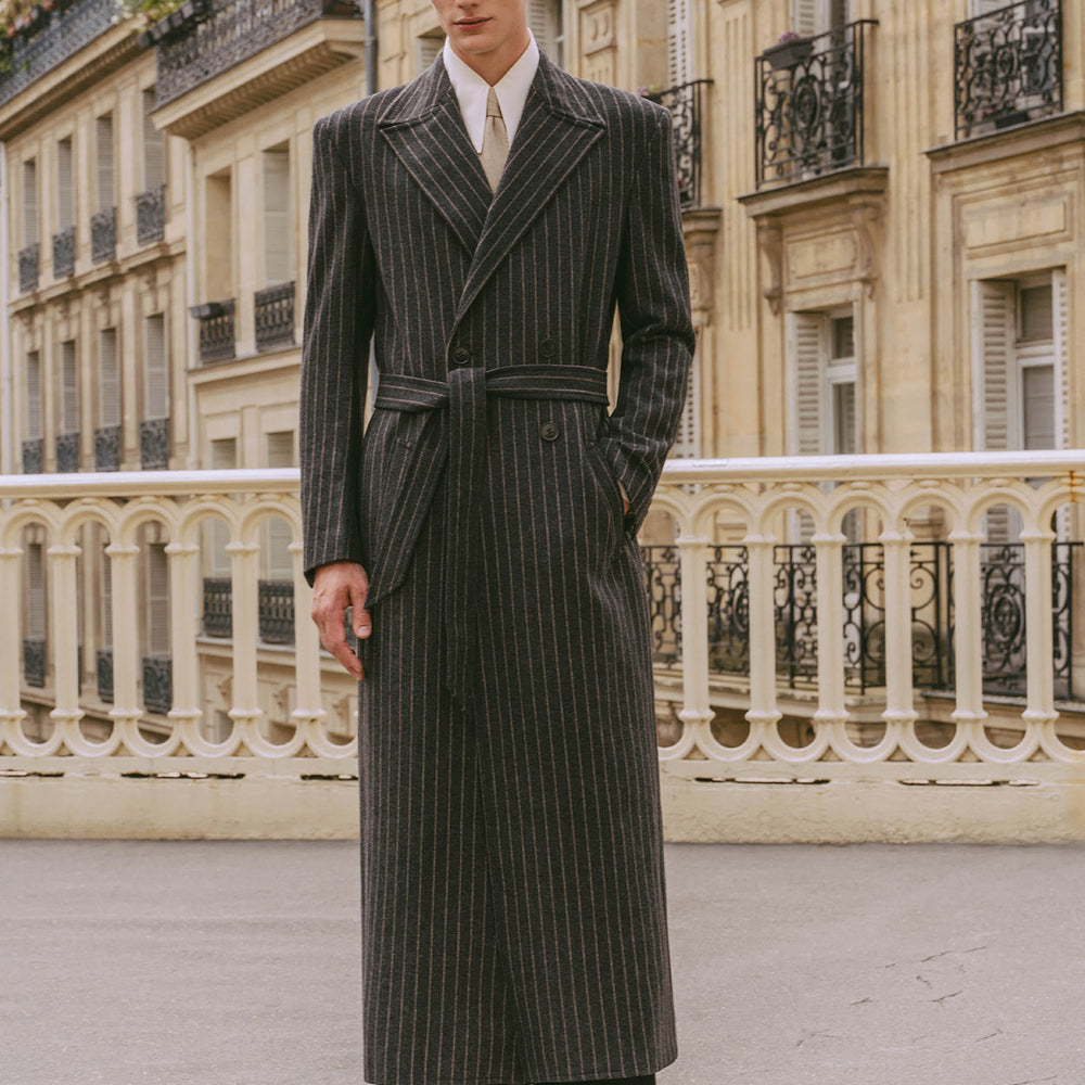 Kensington Double-breasted Striped Wool Charcoal Black Coat